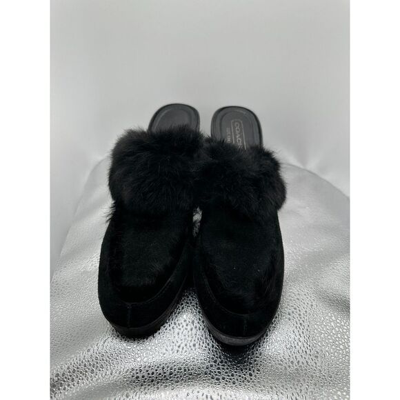 COACH Kaela Black Suede Rabbit Fur Slip On Clogs Mules With Wedge Heels - US 9 - Picture 4 of 11